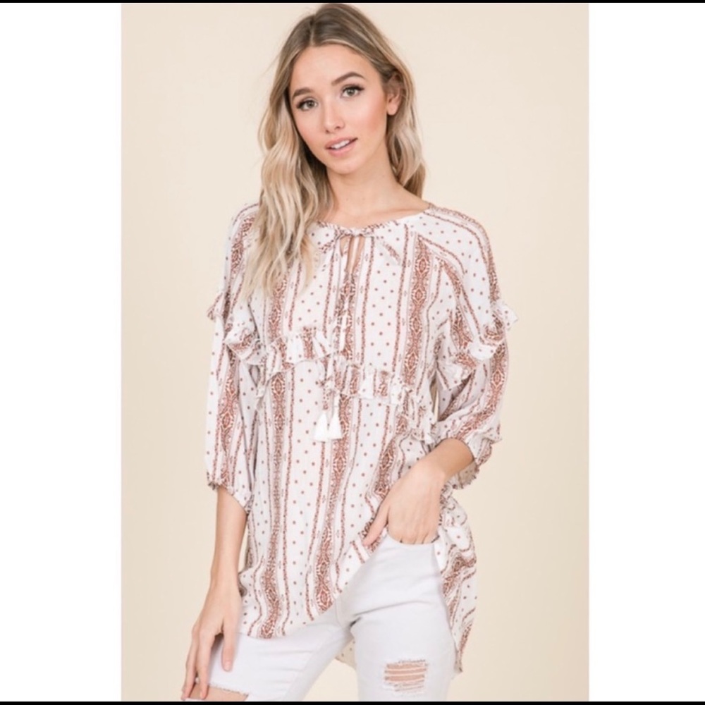 New! Boho Ruffles Tunic Tassels Hi Lo Hem and Elastic stretchy Cuffs Top - Picture 6 of 8